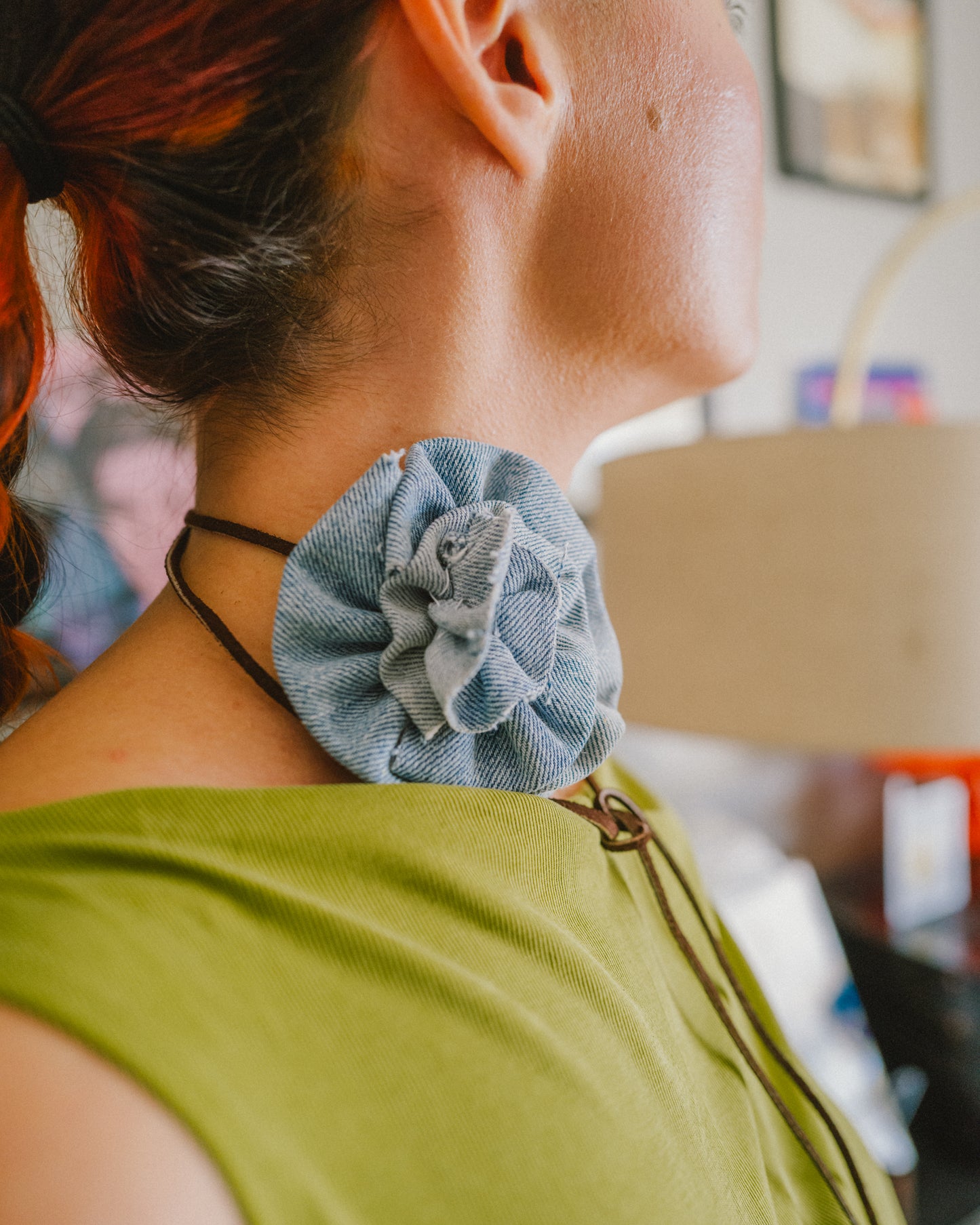 Upcycled Denim Rosette Choker w/ Suede Tie