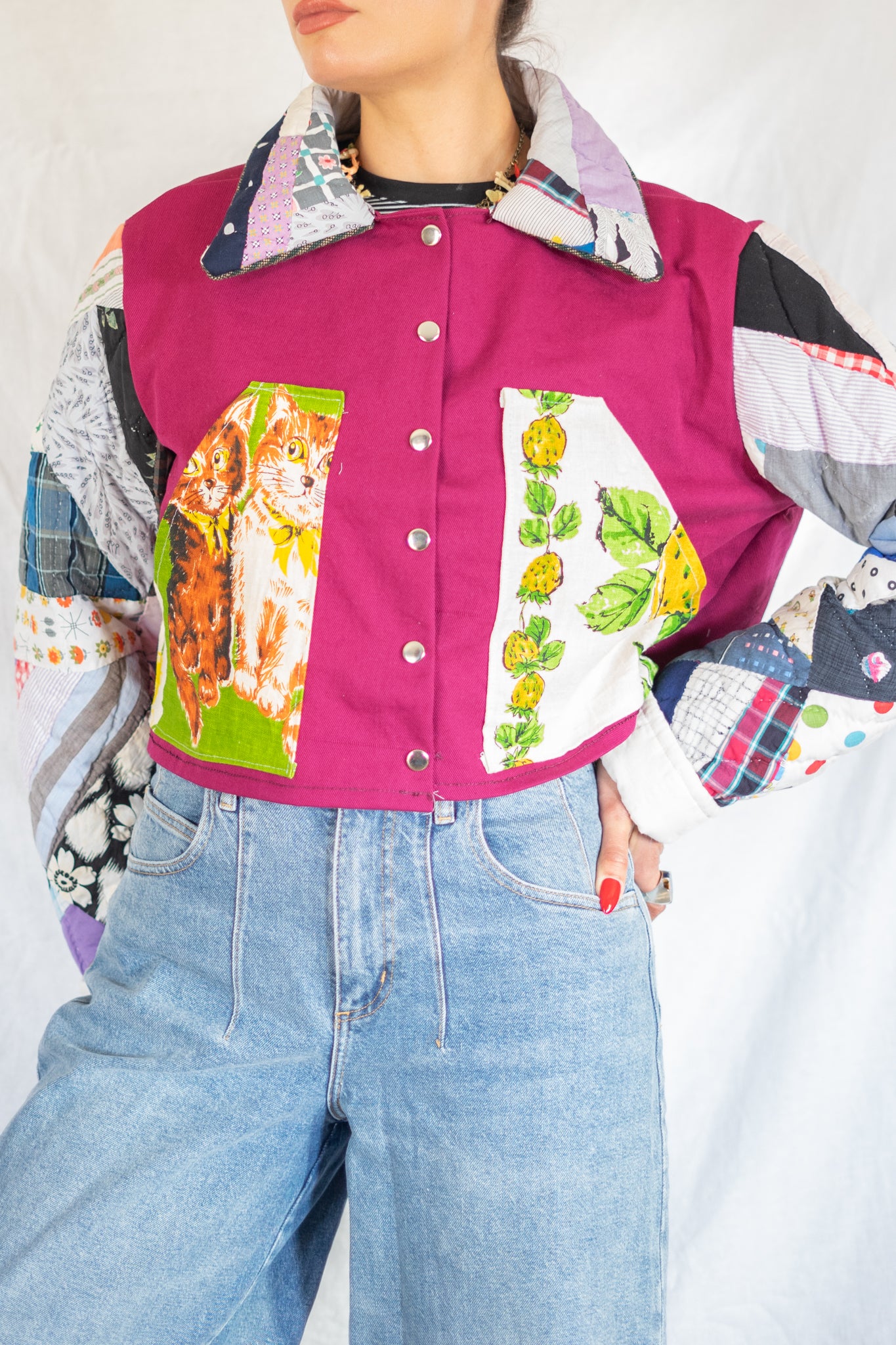 Magenta Feed Sack Kitty Quilt Barn Jacket