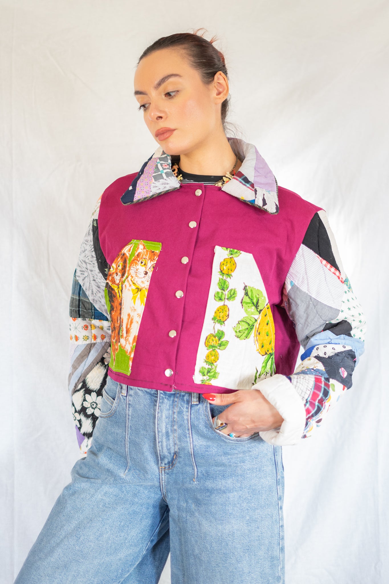 Magenta Feed Sack Kitty Quilt Barn Jacket