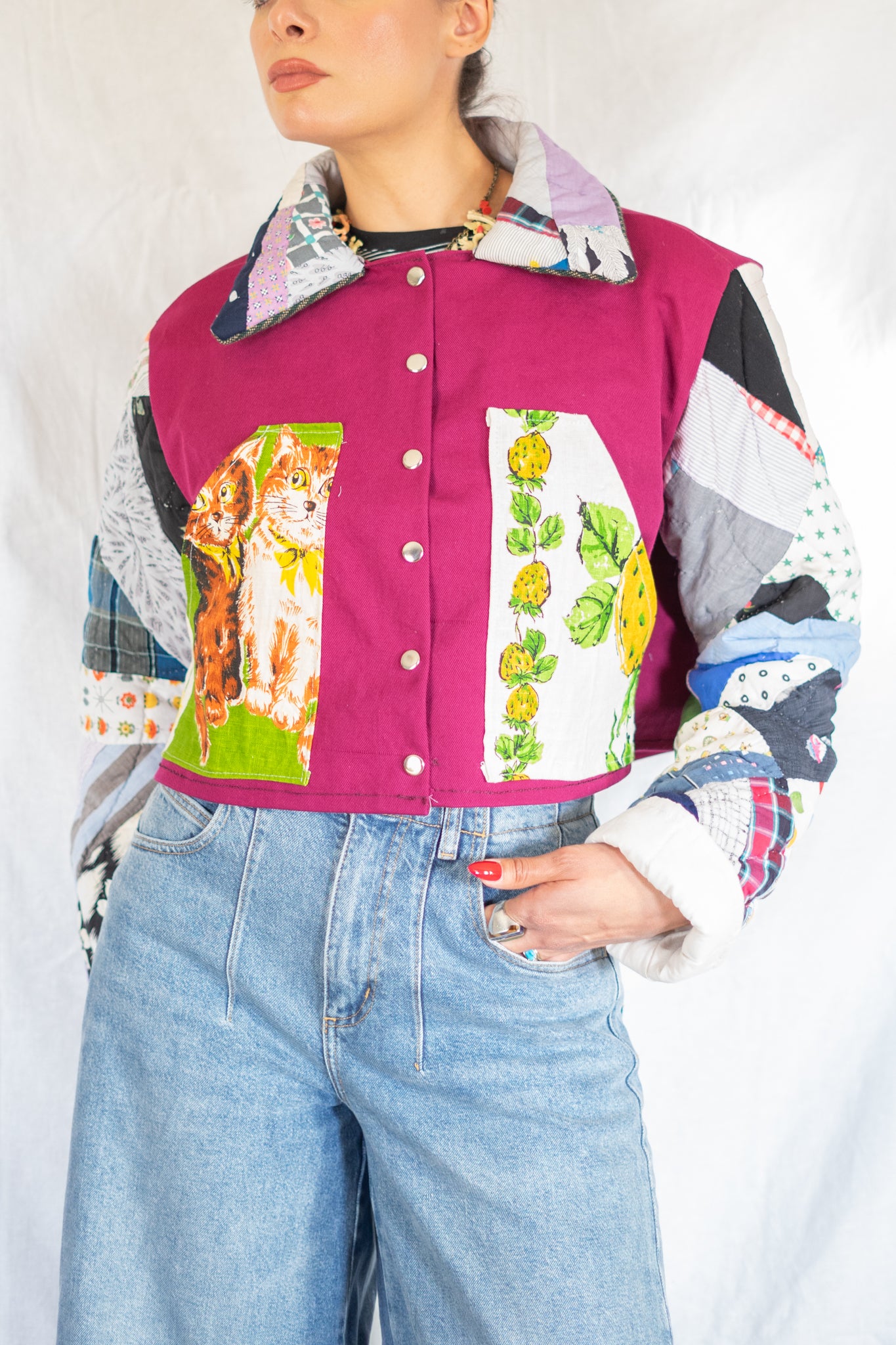 Magenta Feed Sack Kitty Quilt Barn Jacket