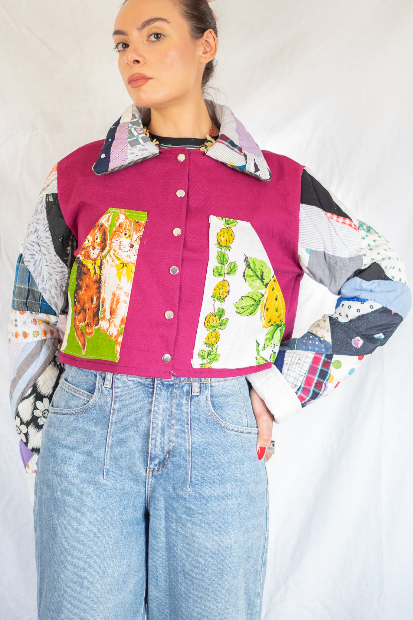 Magenta Feed Sack Kitty Quilt Barn Jacket