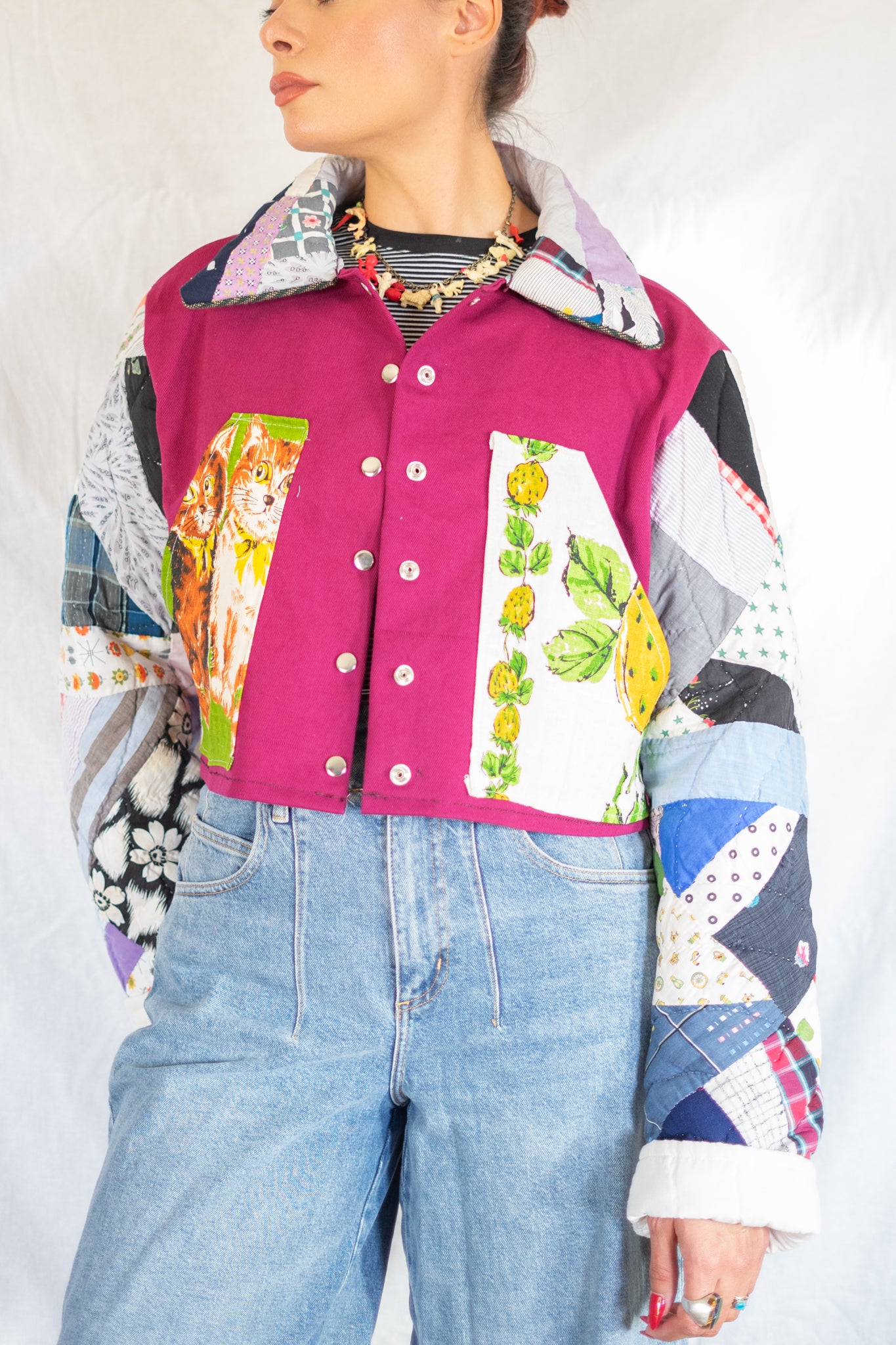 Magenta Feed Sack Kitty Quilt Barn Jacket