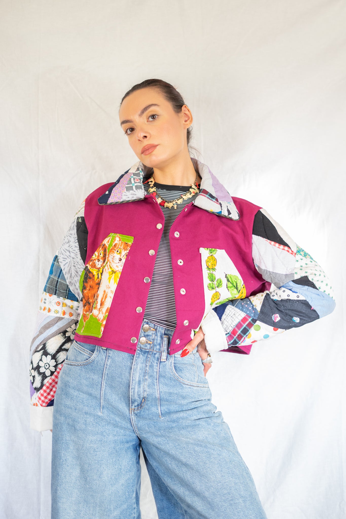 Magenta Feed Sack Kitty Quilt Barn Jacket