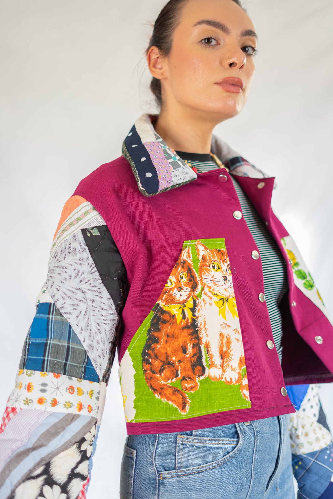 Magenta Feed Sack Kitty Quilt Barn Jacket