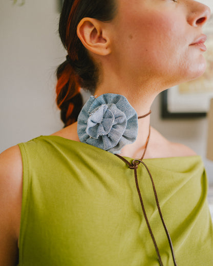 Upcycled Denim Rosette Choker w/ Suede Tie