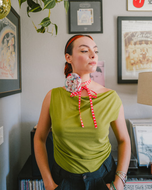 Vintage Quilt Rosette Choker w/ Heart Ribbon Tie