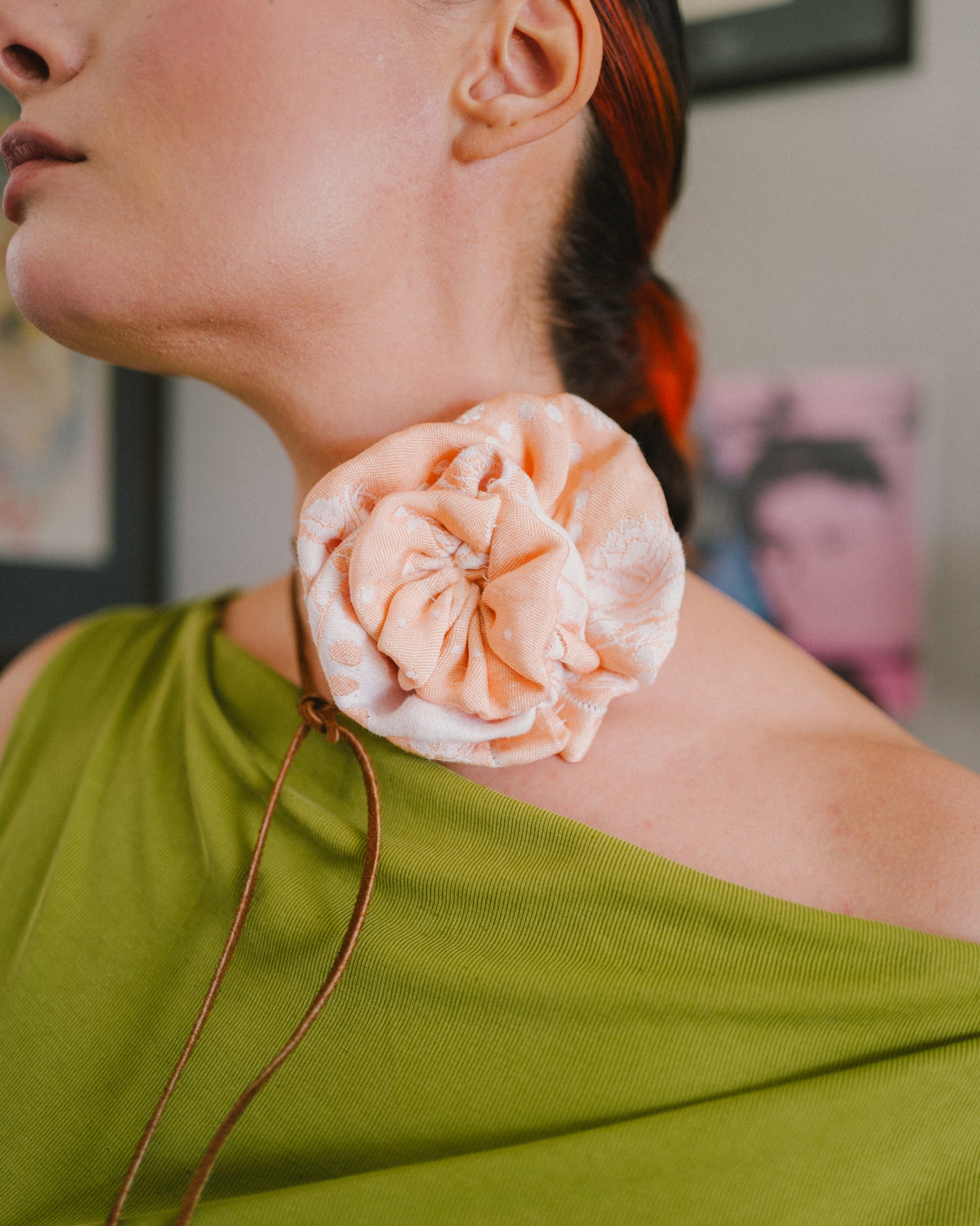 Salmon Floral Rosette Choker w/ Suede Tie