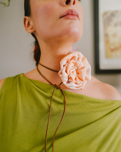 Salmon Floral Rosette Choker w/ Suede Tie