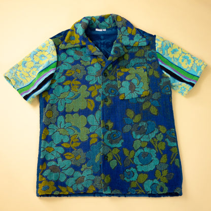 Vintage Blue Floral Towel Camp Collar Mens Shirt