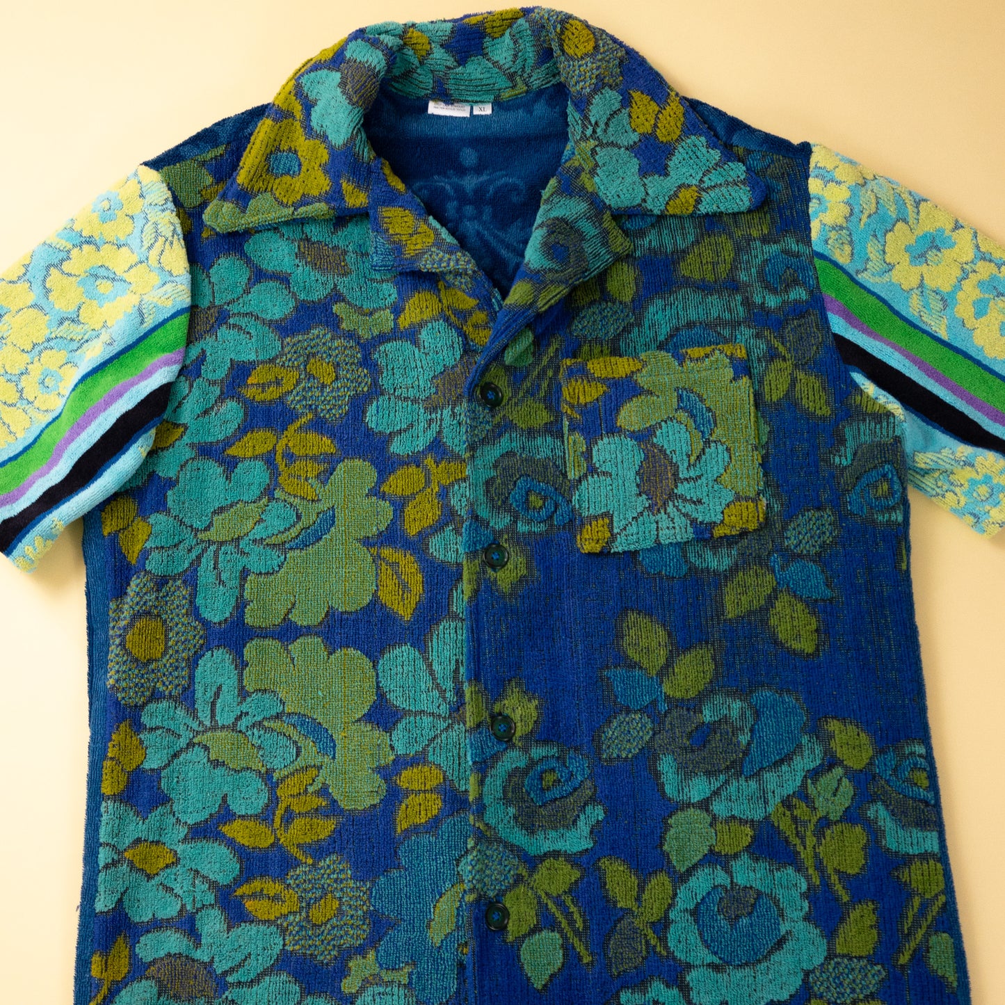 Vintage Blue Floral Towel Camp Collar Mens Shirt