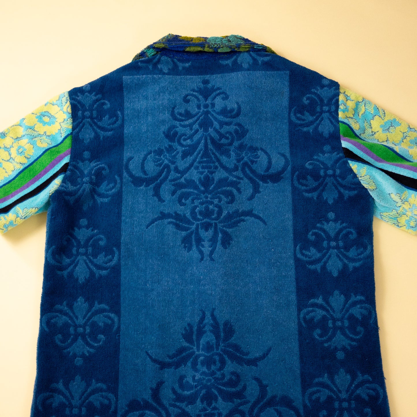 Vintage Blue Floral Towel Camp Collar Mens Shirt