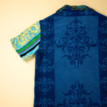 Vintage Blue Floral Towel Camp Collar Mens Shirt