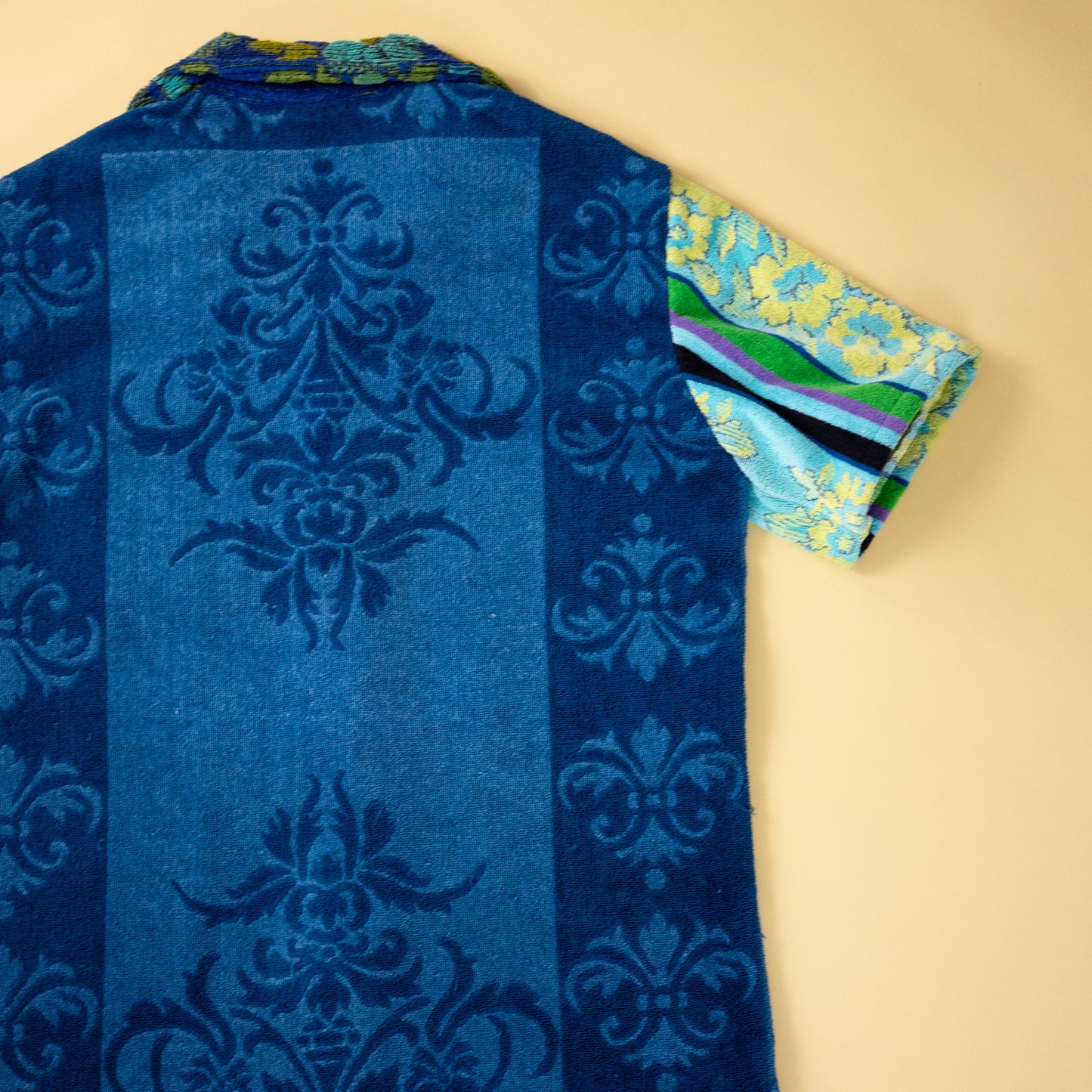 Vintage Blue Floral Towel Camp Collar Mens Shirt