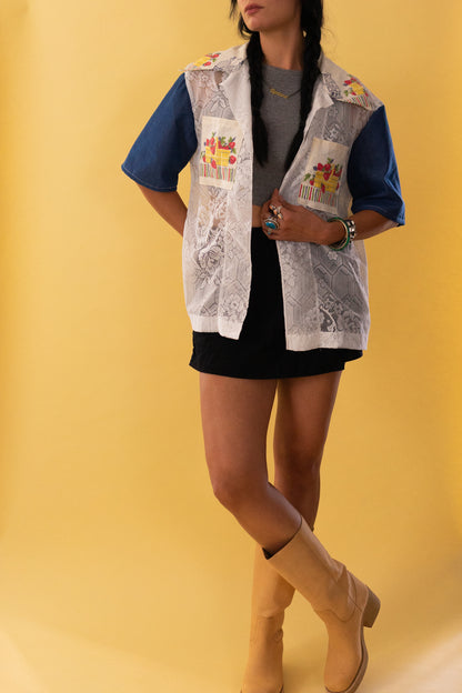 Lace Camp Collar Strawberry Cabana Shirt