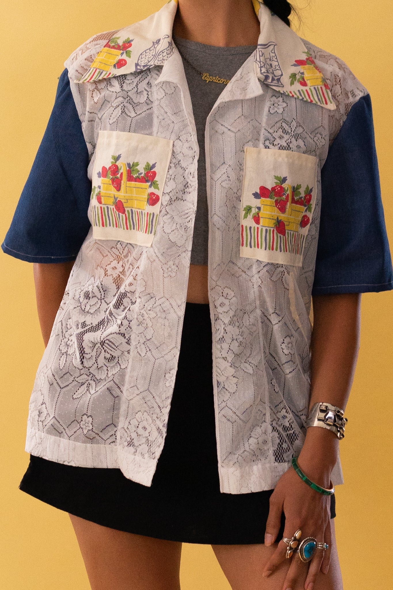 Lace Camp Collar Strawberry Cabana Shirt