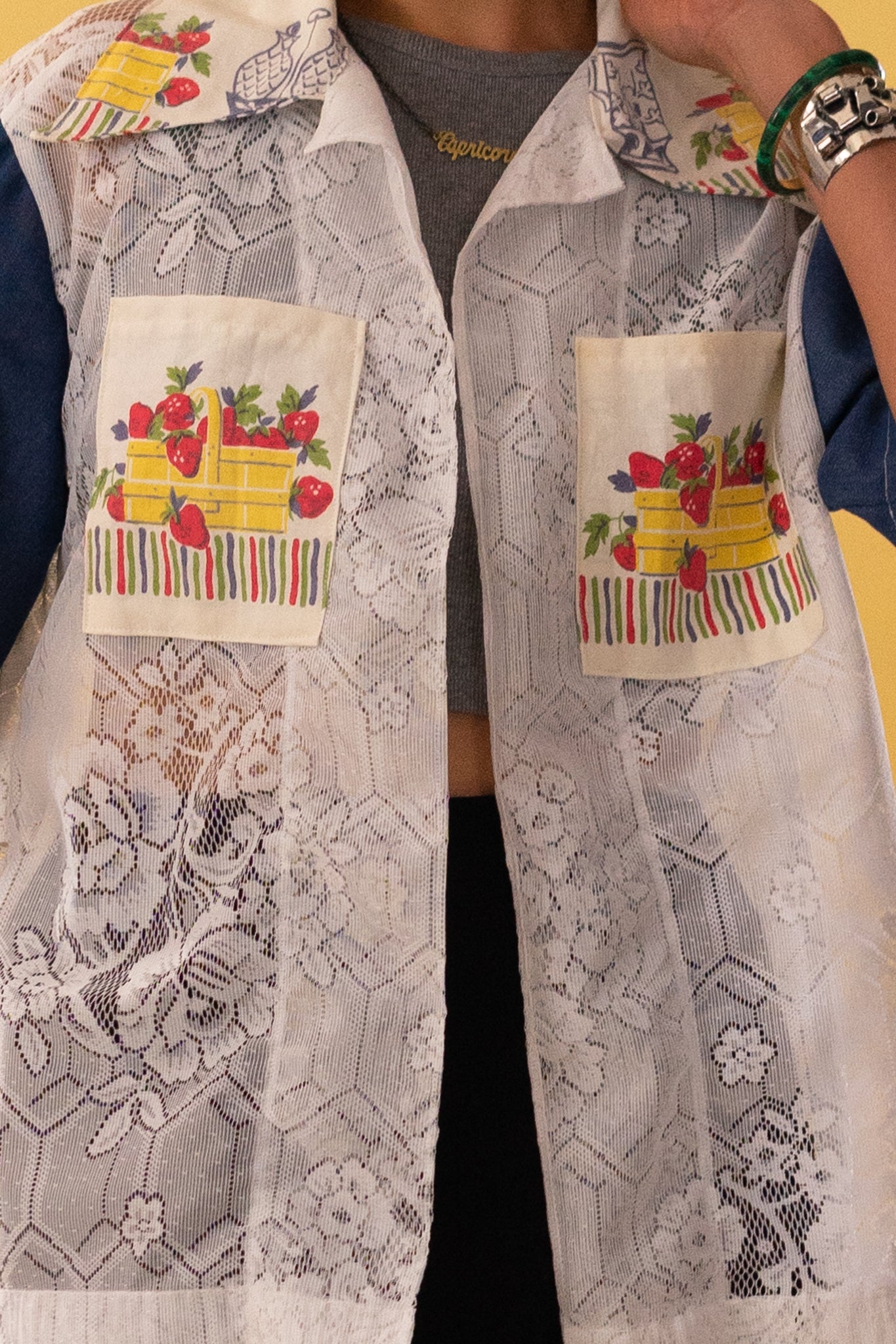 Lace Camp Collar Strawberry Cabana Shirt