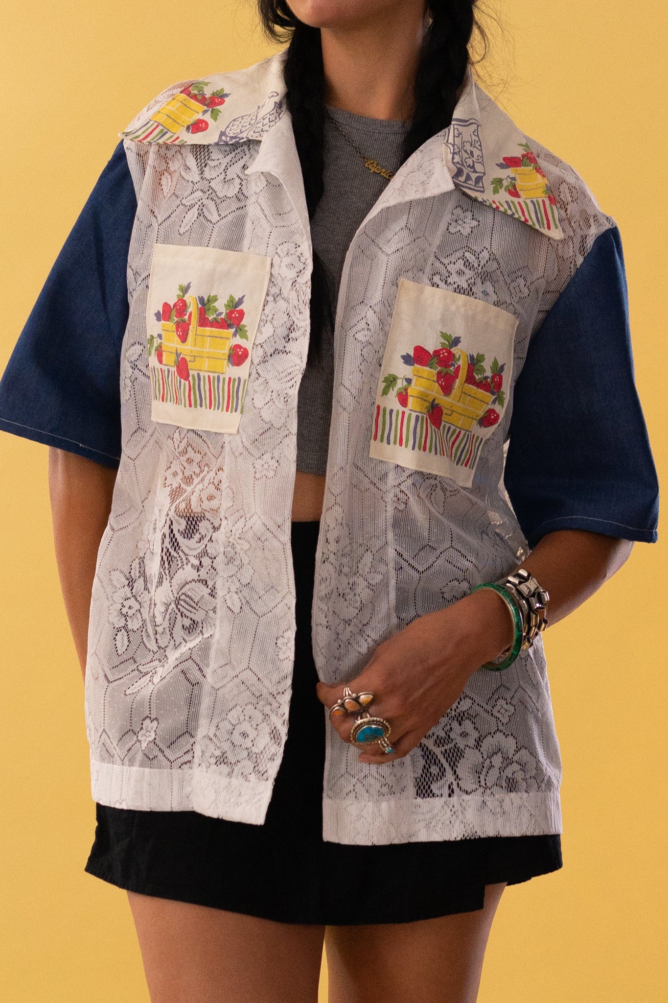 Lace Camp Collar Strawberry Cabana Shirt