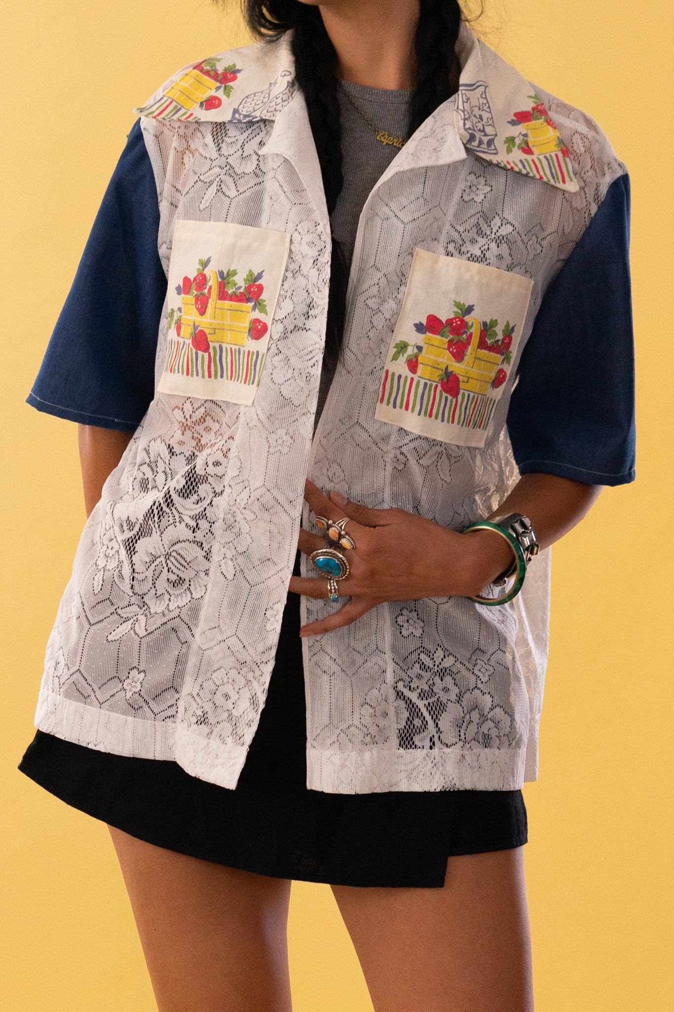 Lace Camp Collar Strawberry Cabana Shirt