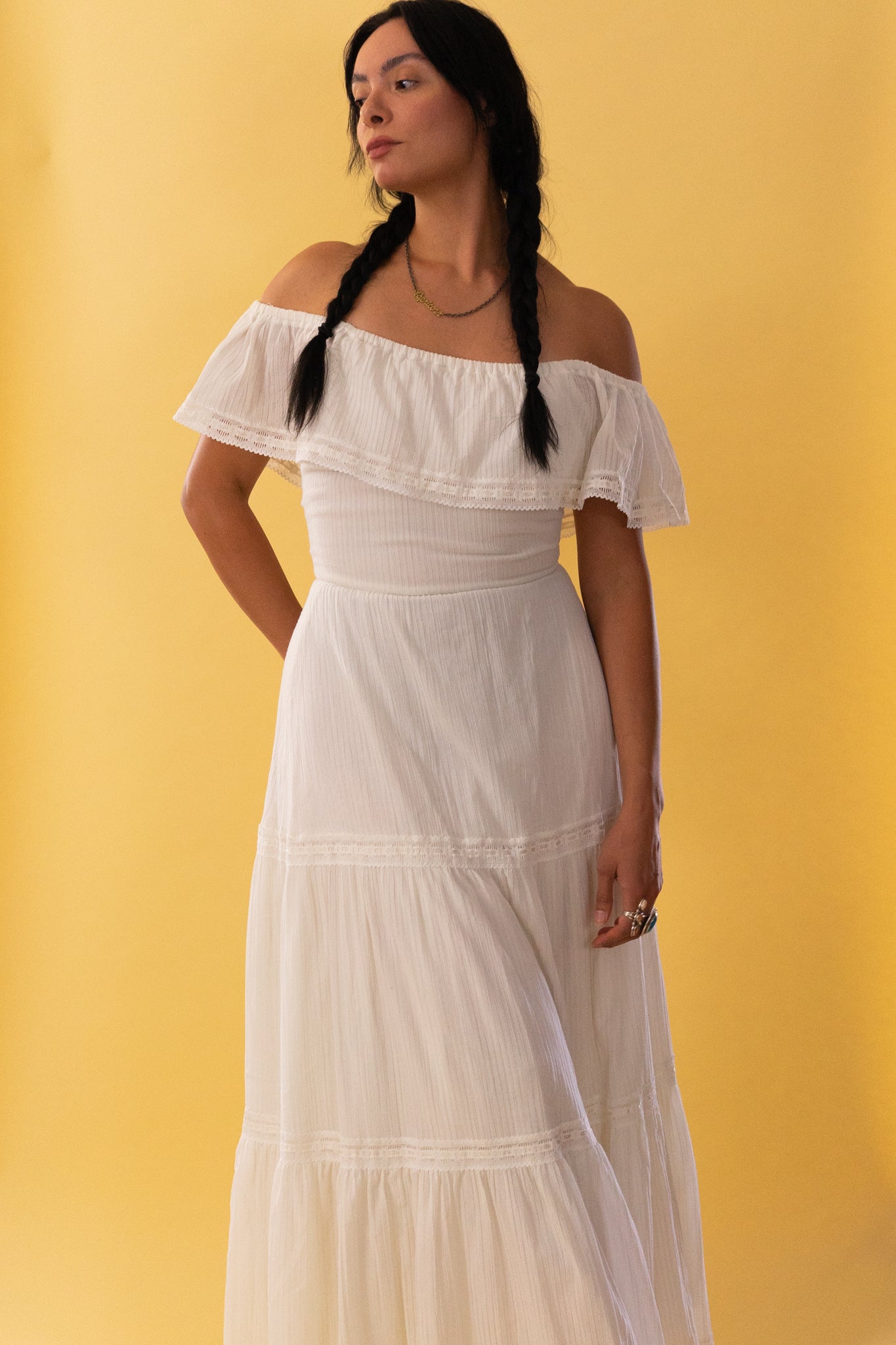1970s White Cotton Off The Shoulder Maxi Dress