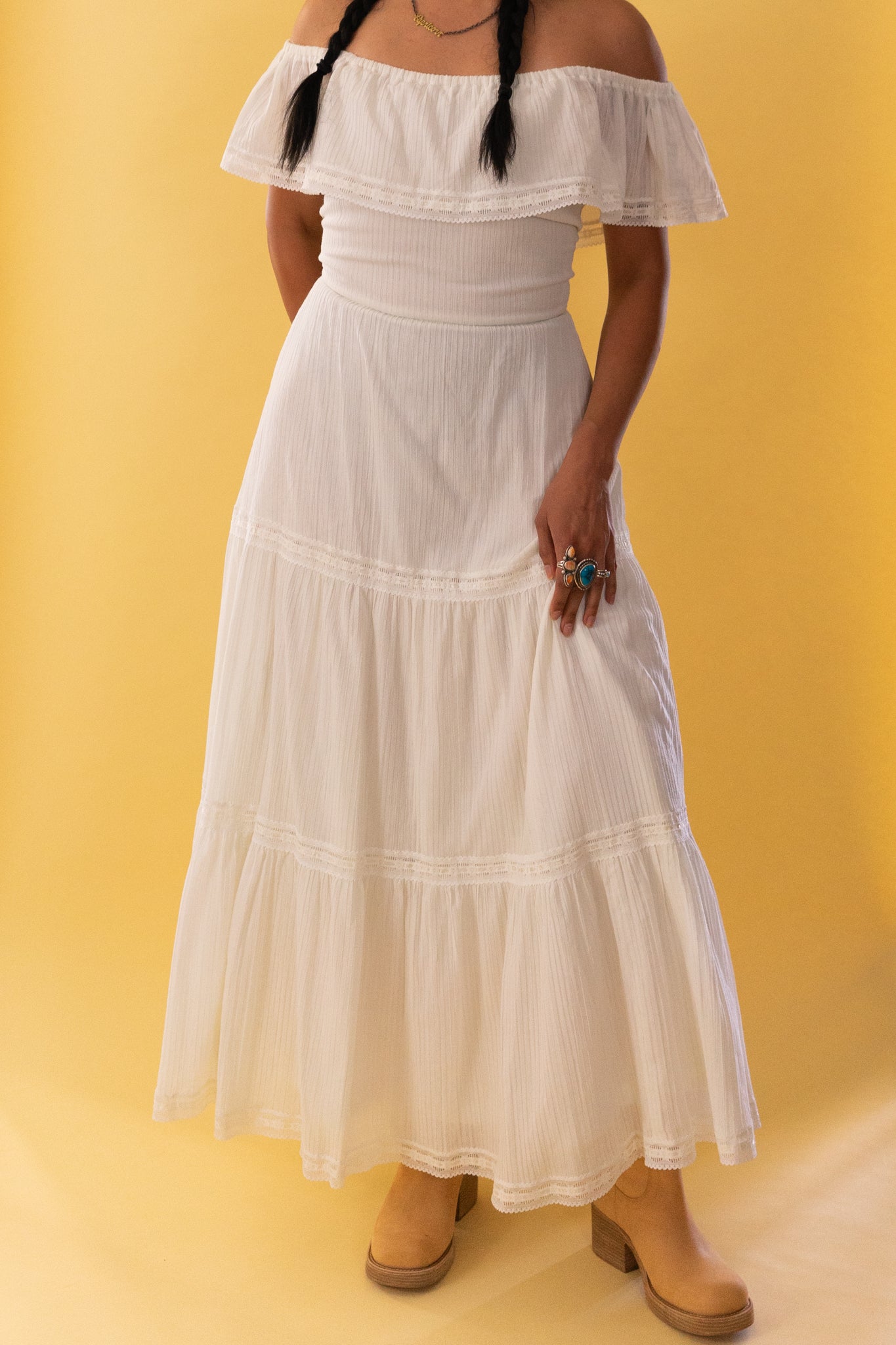 1970s White Cotton Off The Shoulder Maxi Dress
