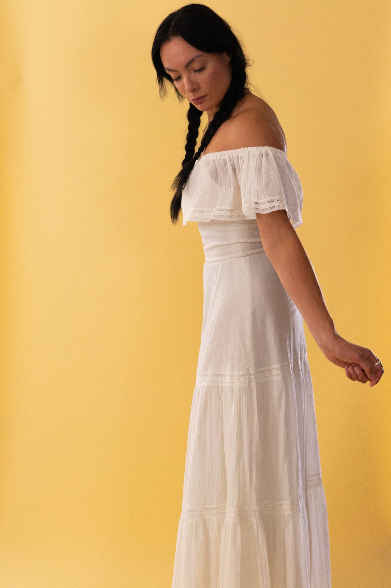 1970s White Cotton Off The Shoulder Maxi Dress