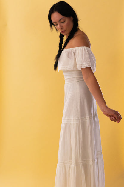 1970s White Cotton Off The Shoulder Maxi Dress