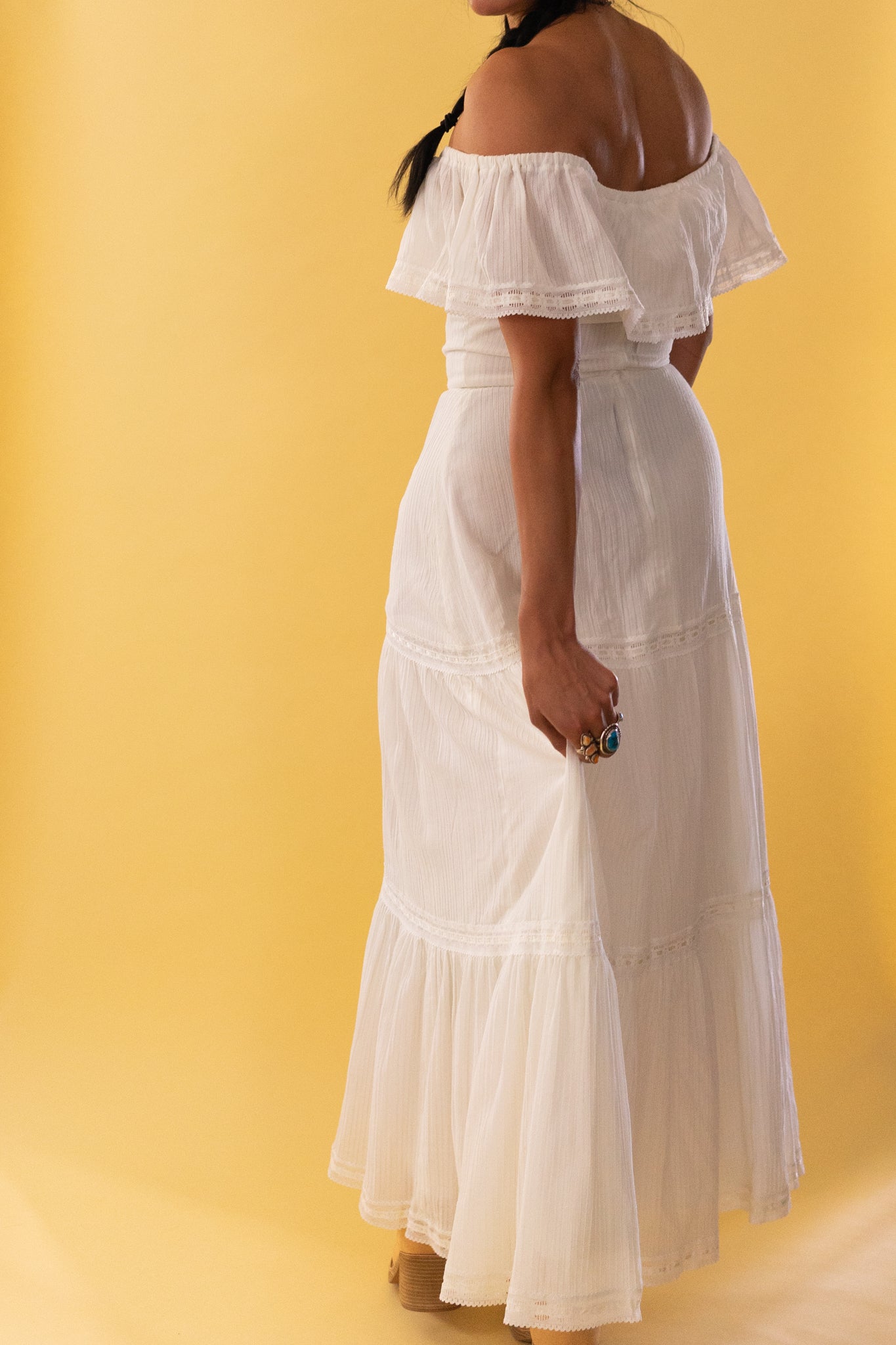 1970s White Cotton Off The Shoulder Maxi Dress
