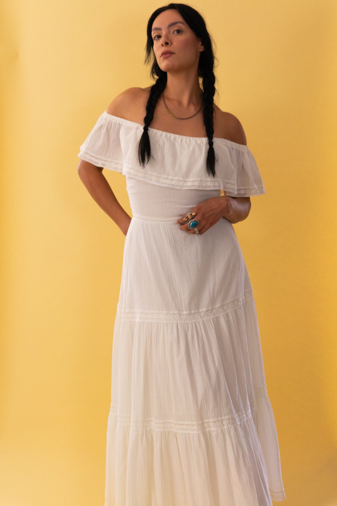 1970s White Cotton Off The Shoulder Maxi Dress