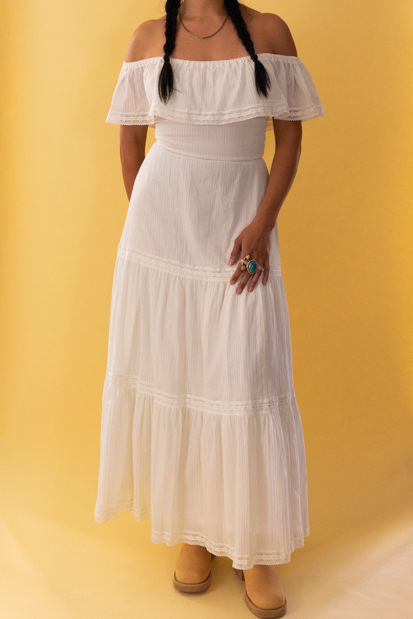 1970s White Cotton Off The Shoulder Maxi Dress