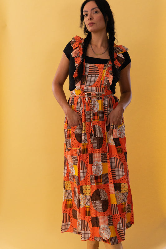 1970s Patchwork Printed Apron Maxi Dress