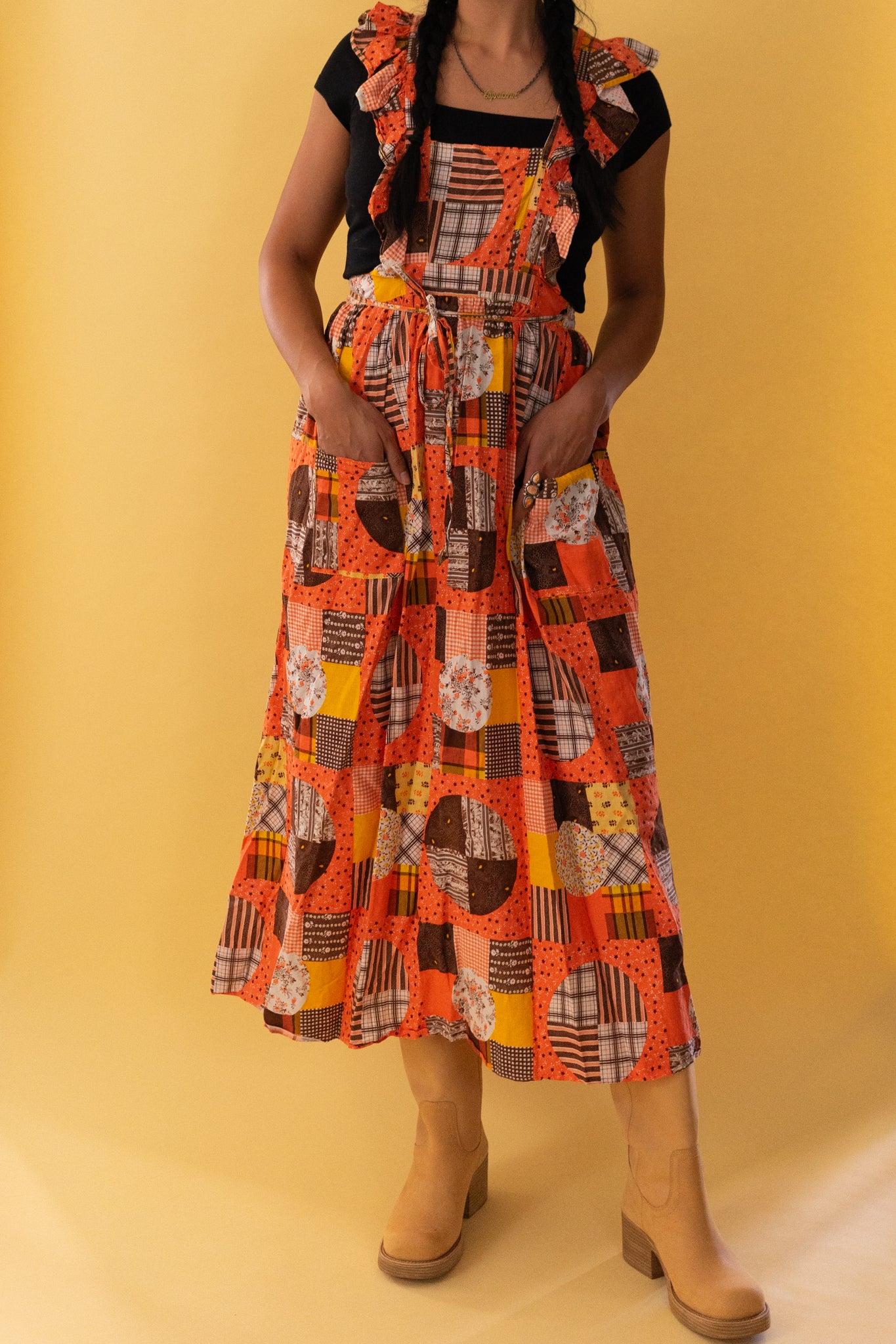 1970s Patchwork Printed Apron Maxi Dress