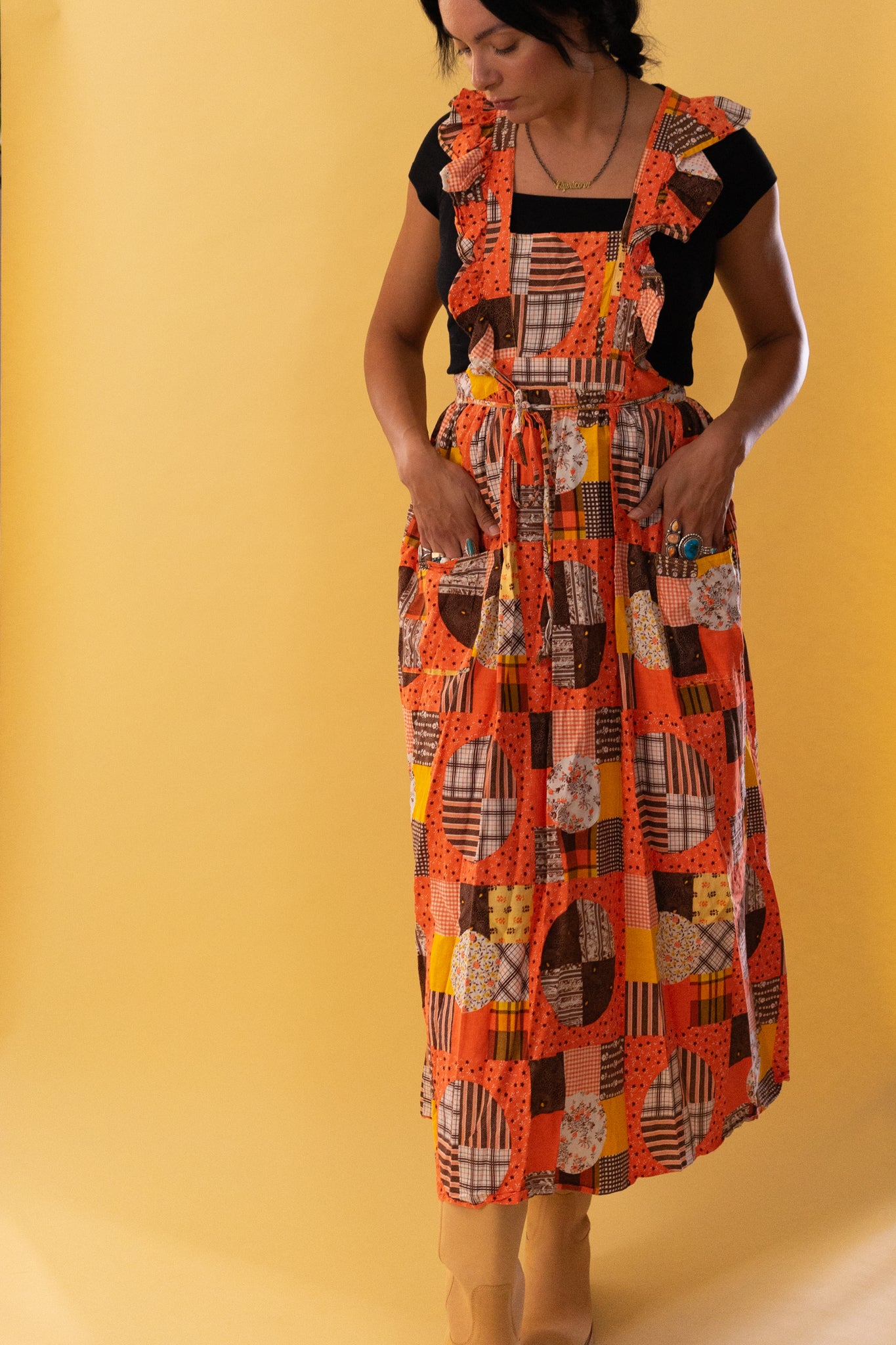 1970s Patchwork Printed Apron Maxi Dress