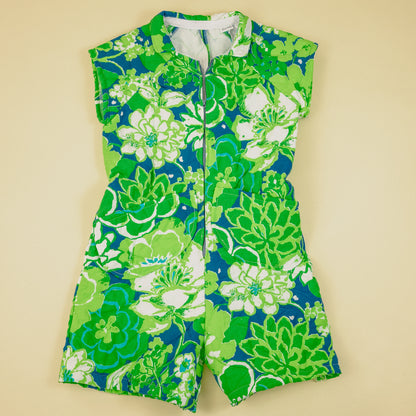 Green and Blue Floral Quilted Romper