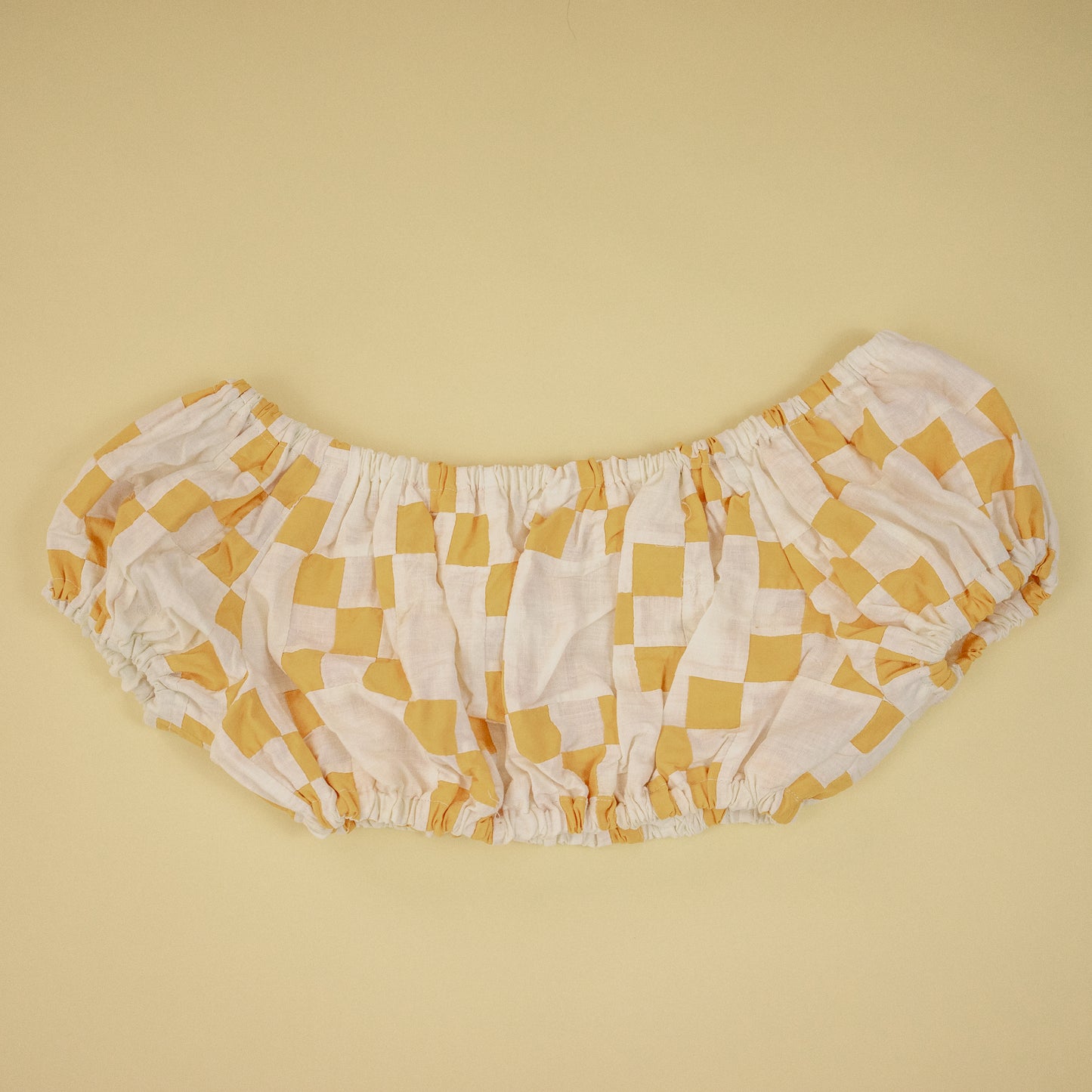 Yellow and White Checkered Quilt Pouf Sleeve Crop Top