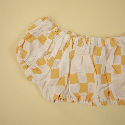 Yellow and White Checkered Quilt Pouf Sleeve Crop Top