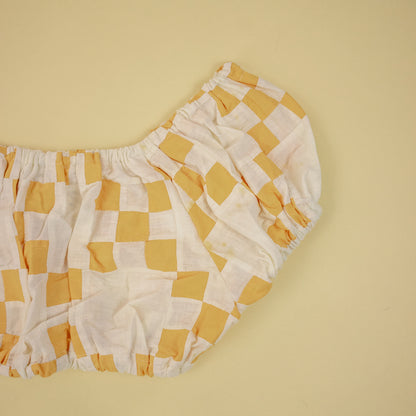 Yellow and White Checkered Quilt Pouf Sleeve Crop Top