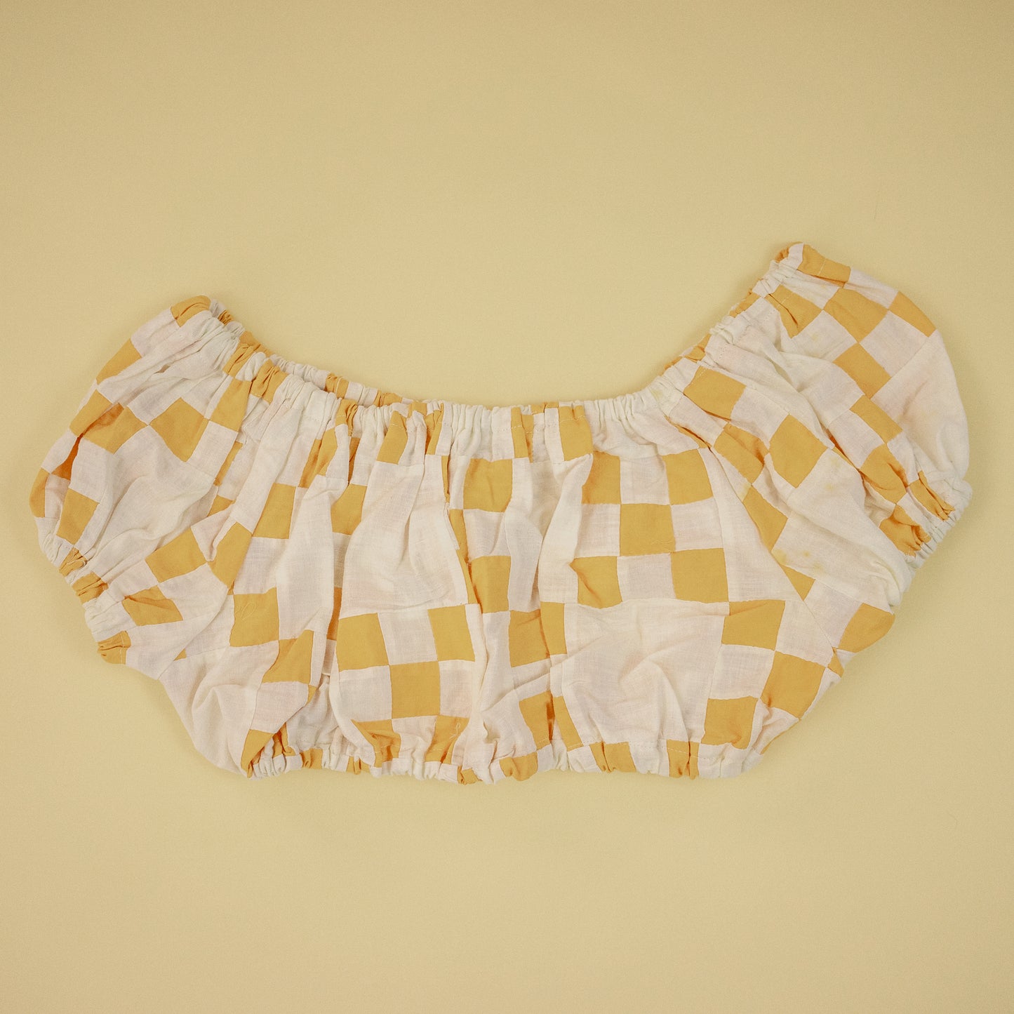 Yellow and White Checkered Quilt Pouf Sleeve Crop Top