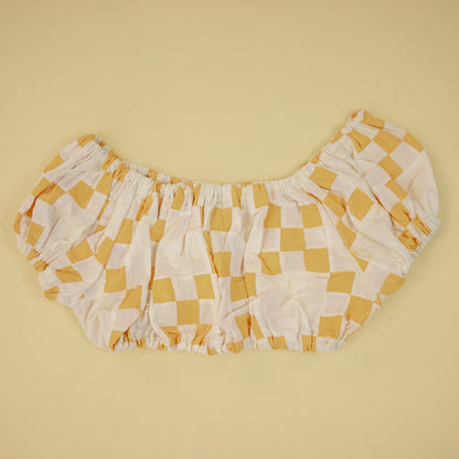 Yellow and White Checkered Quilt Pouf Sleeve Crop Top