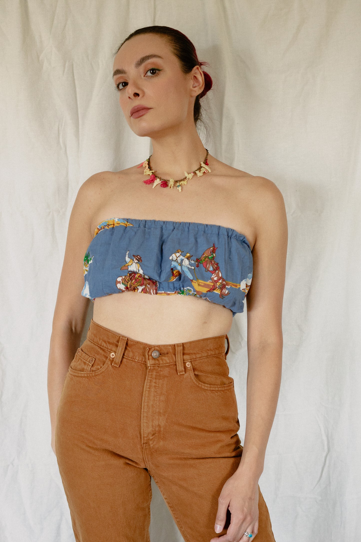 Blue Western Print Bandeau Crop Top