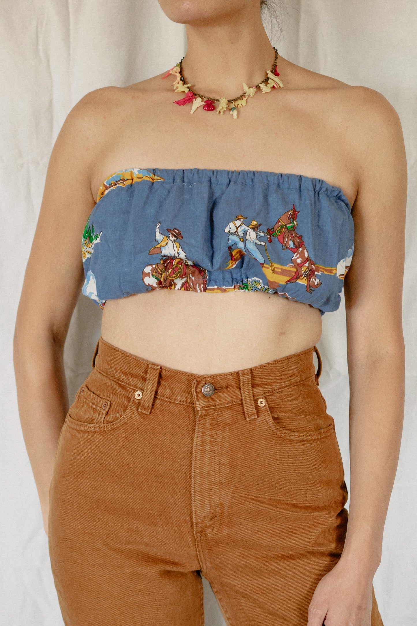 Blue Western Print Bandeau Crop Top