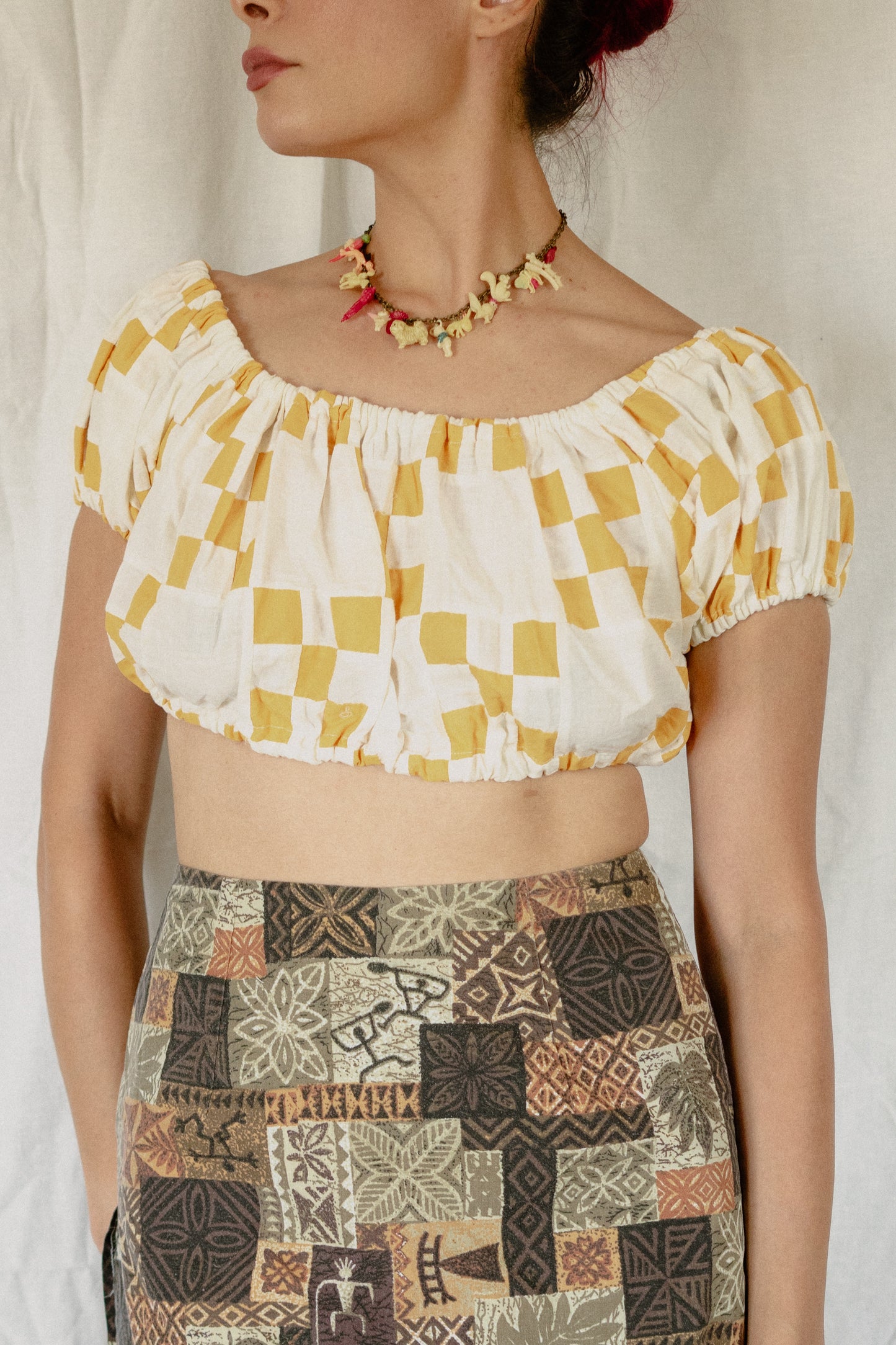 Yellow and White Checkered Quilt Pouf Sleeve Crop Top