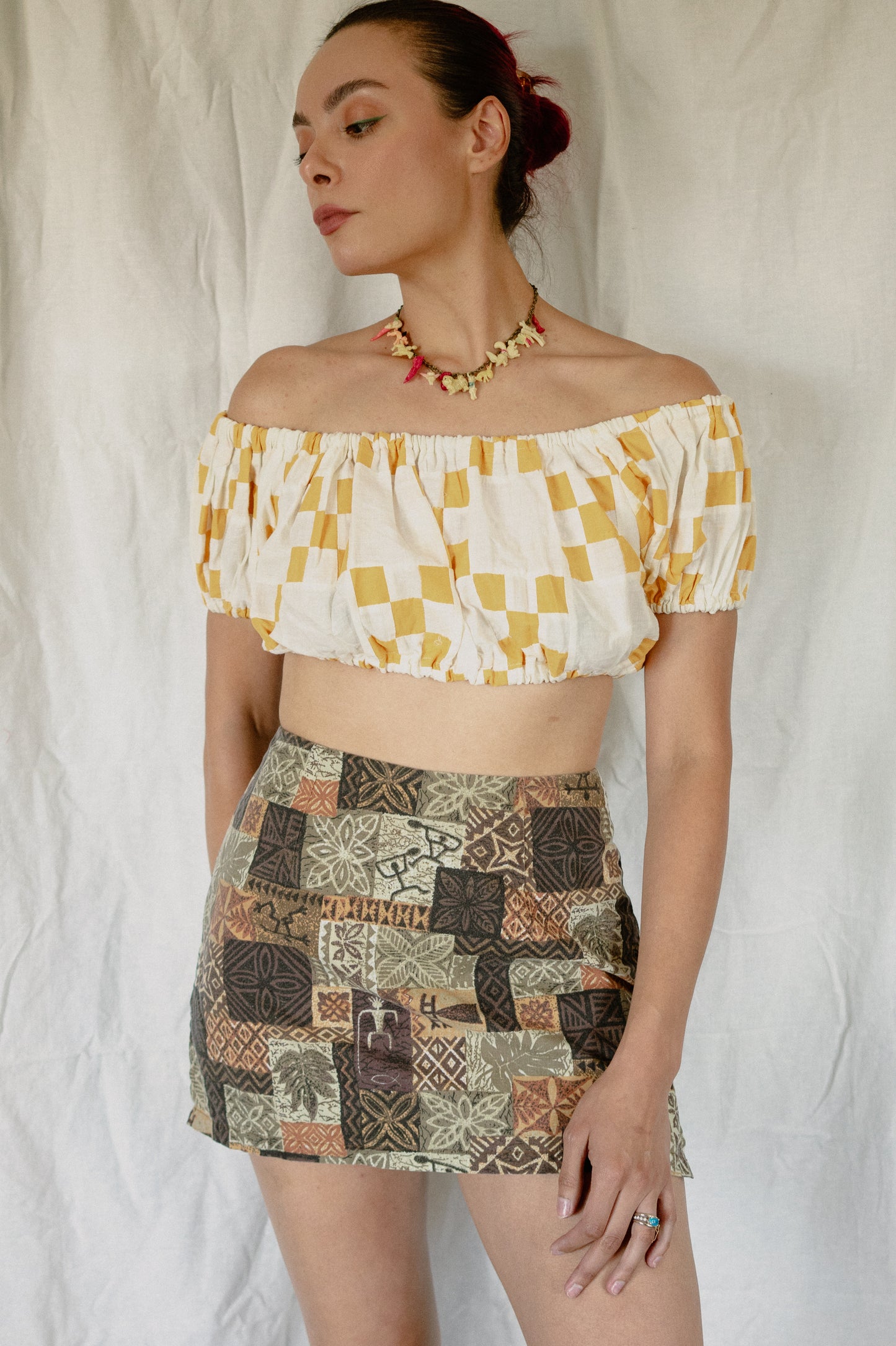 Yellow and White Checkered Quilt Pouf Sleeve Crop Top