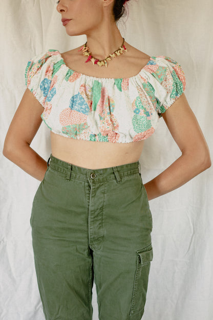 Pink and Blue Quilted Pouf Sleeve Crop Top